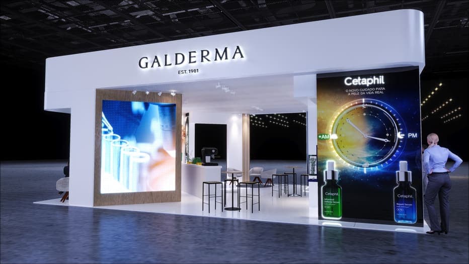 Render final do estande da Galderma com o painel Cetaphil, para aprovação