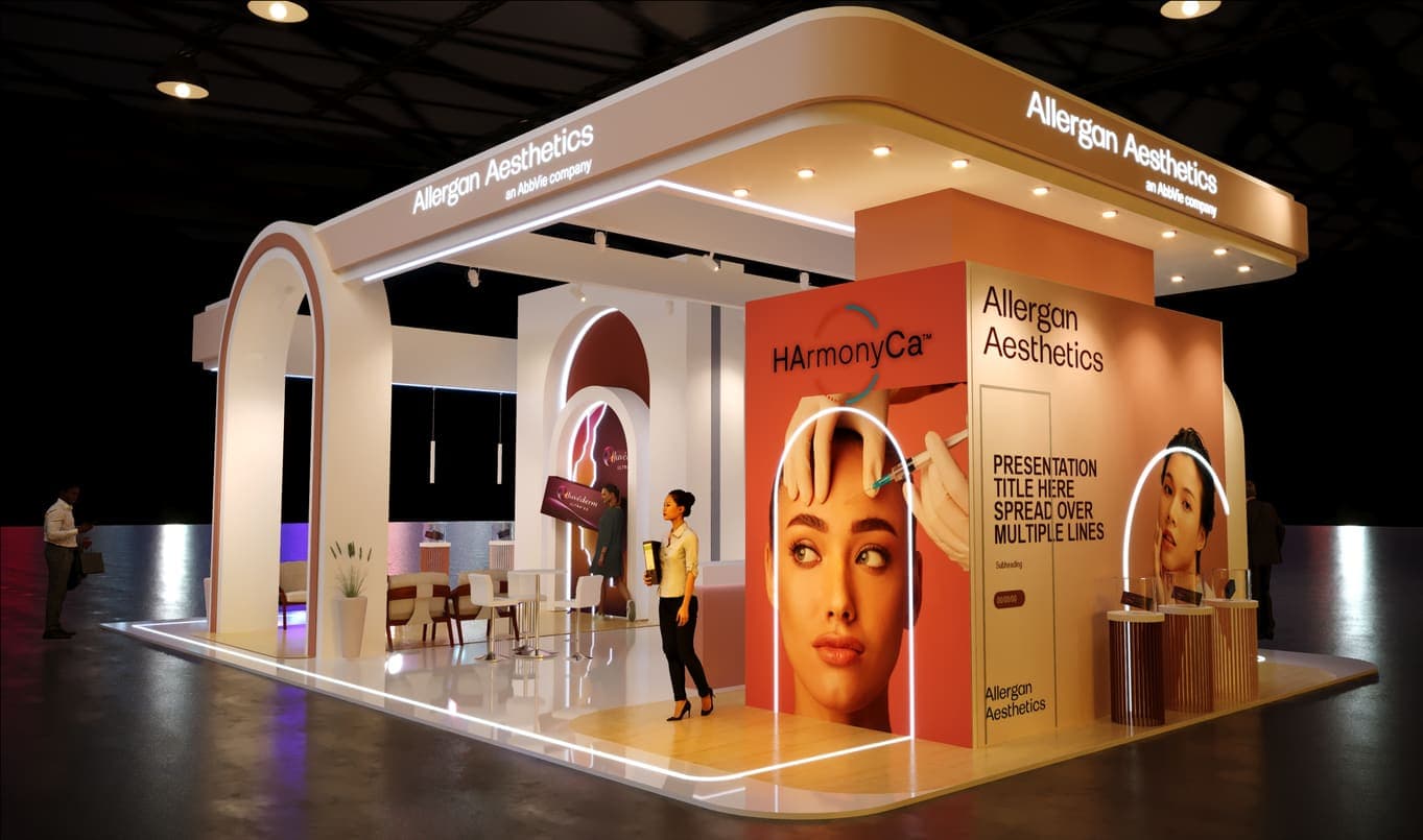 Render do estande Allergan Aesthetics com arcos e painéis iluminados